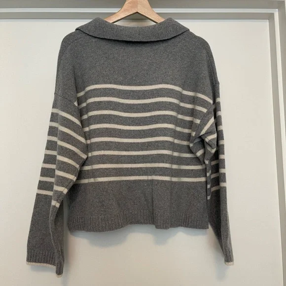 Madewell Gray and Cream Striped V-Neck Sweater - Picture 2 of 5